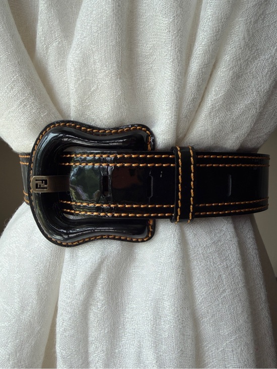 Fendi Accessories - B-FENDI Black Patent Belt with Orange Stitching